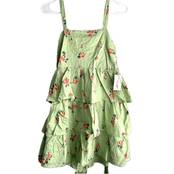 Sage Green Floral Ruffle Tiered Square Neck Dress NWT - Picture 1 of 5